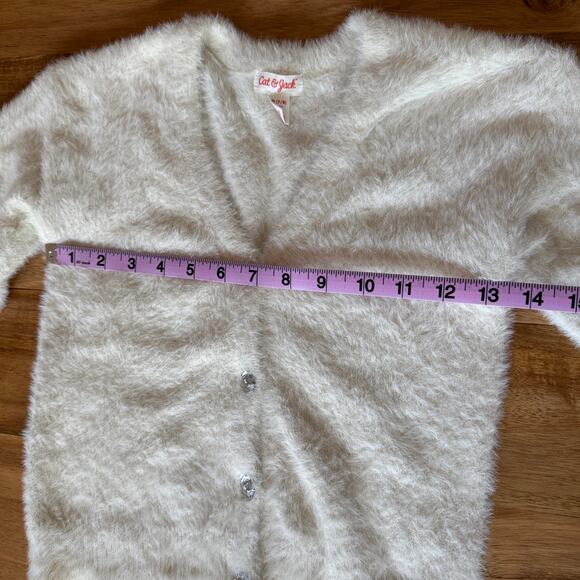 Cat and Jack Fuzzy Sparkle Cardigan Sweater Cream Youth 7/8 faux gem buttons - Picture 11 of 13